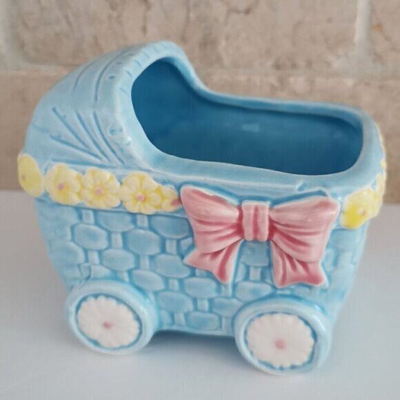 Blue Baby Carriage Ceramic Planter Vintage Nursery Decor Baby Shower Gift - Picture 1 of 10